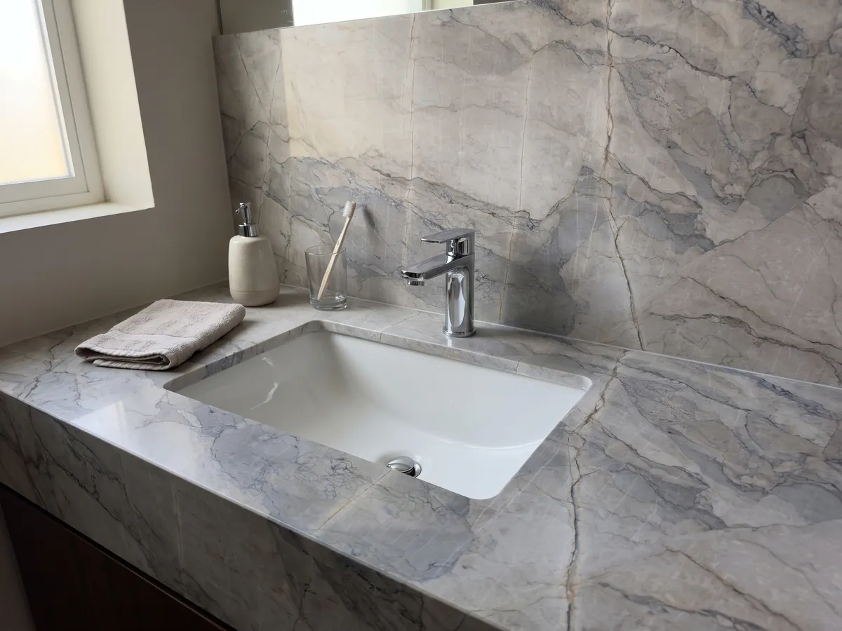 Cubierta de lavabo y pared de baño en mármol gris Camouflage con lavamanos blanco y grifería cromada: fragmentos gris lavanda y azulado con vetas finas en patrón de mosaico