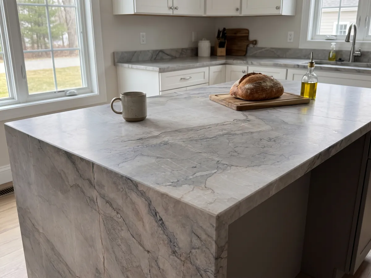 Isla de cocina con cubierta de mármol gris Camouflage y canto recto en una cocina con luz natural: fragmentos gris lavanda y azulado con vetas finas en patrón de mosaico