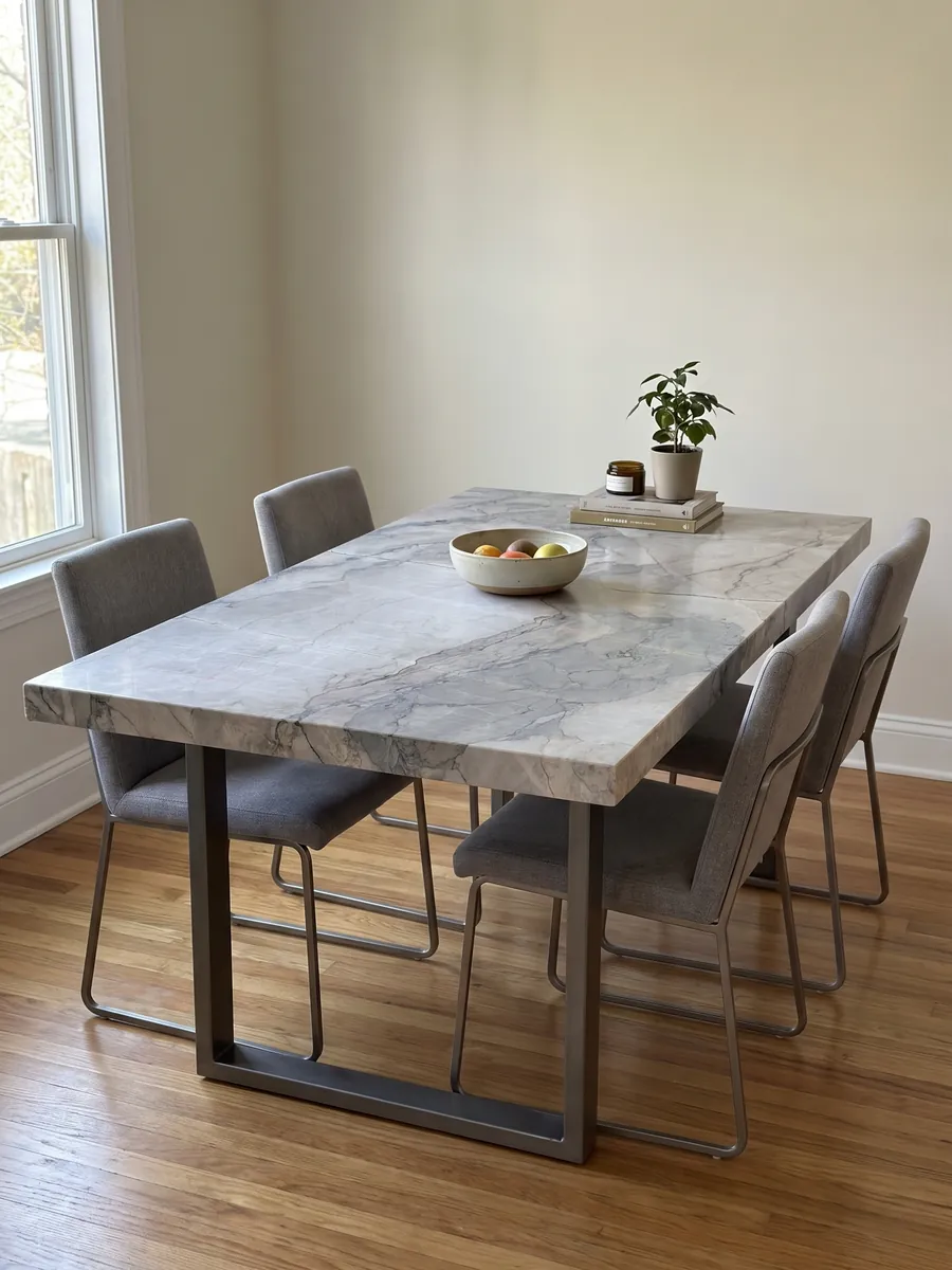 Mesa de comedor con cubierta de mármol gris Camouflage sobre base de acero: fragmentos gris lavanda y azulado con vetas finas en patrón de mosaico