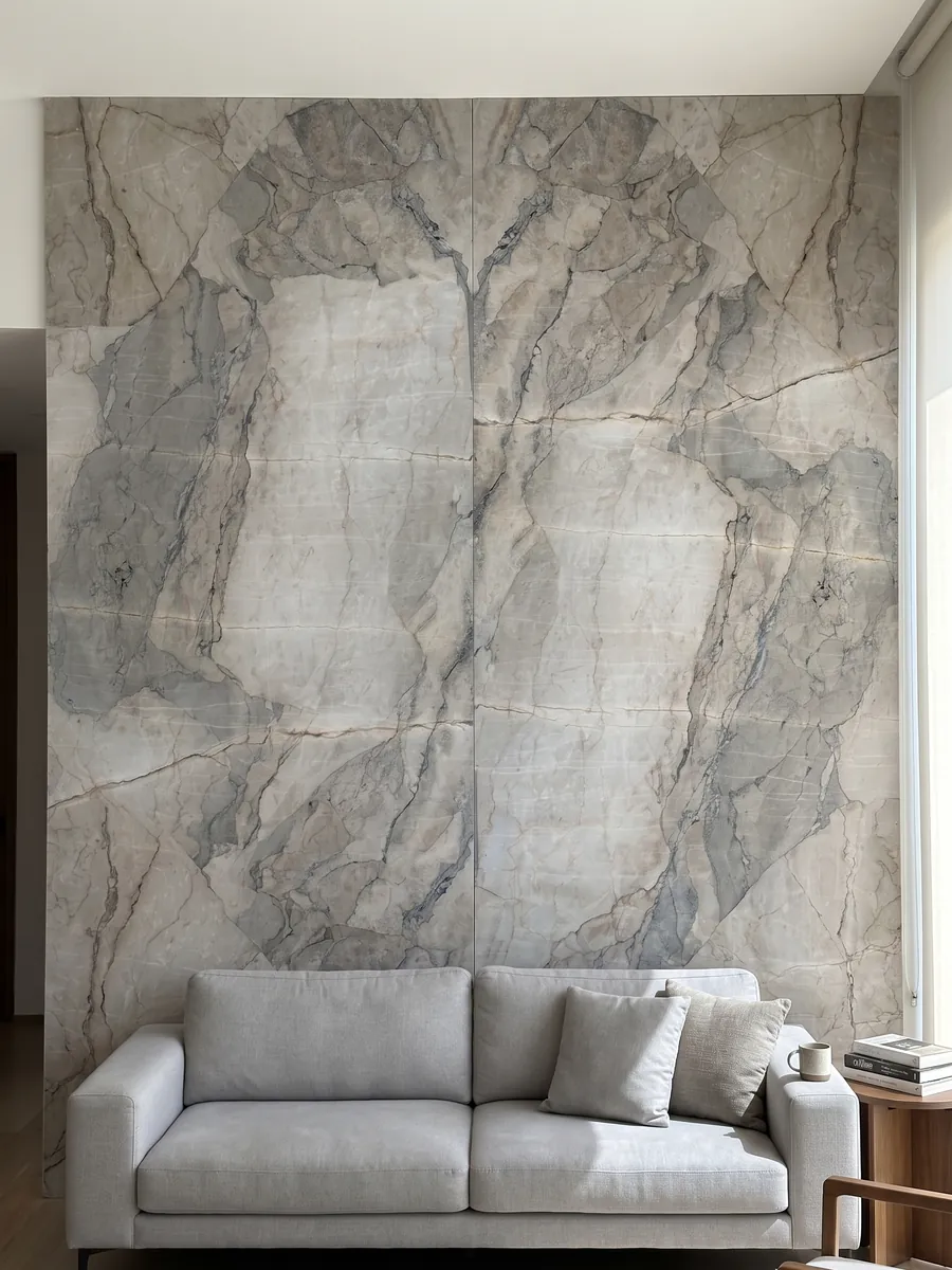 Pared de sala revestida con placas de mármol gris Camouflage abiertas en libro detrás de un sofá: fragmentos gris lavanda y azulado con vetas finas en patrón de mosaico