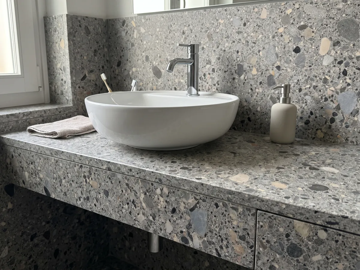 Cubierta de lavabo y pared de baño en mármol gris Ceppo con lavamanos blanco y grifería cromada: matriz gris con cantos rodados grises, beige y negros de varios tamaños