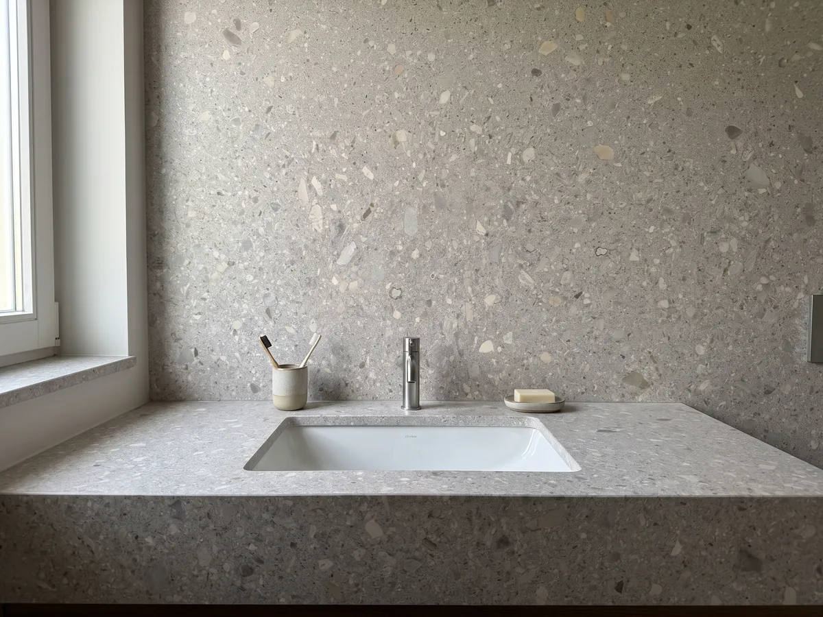 Cubierta de lavabo y pared de baño en mármol gris Ceppo di Gré con lavamanos blanco y grifería cromada: gris claro con pequeños fragmentos beige y grises repartidos