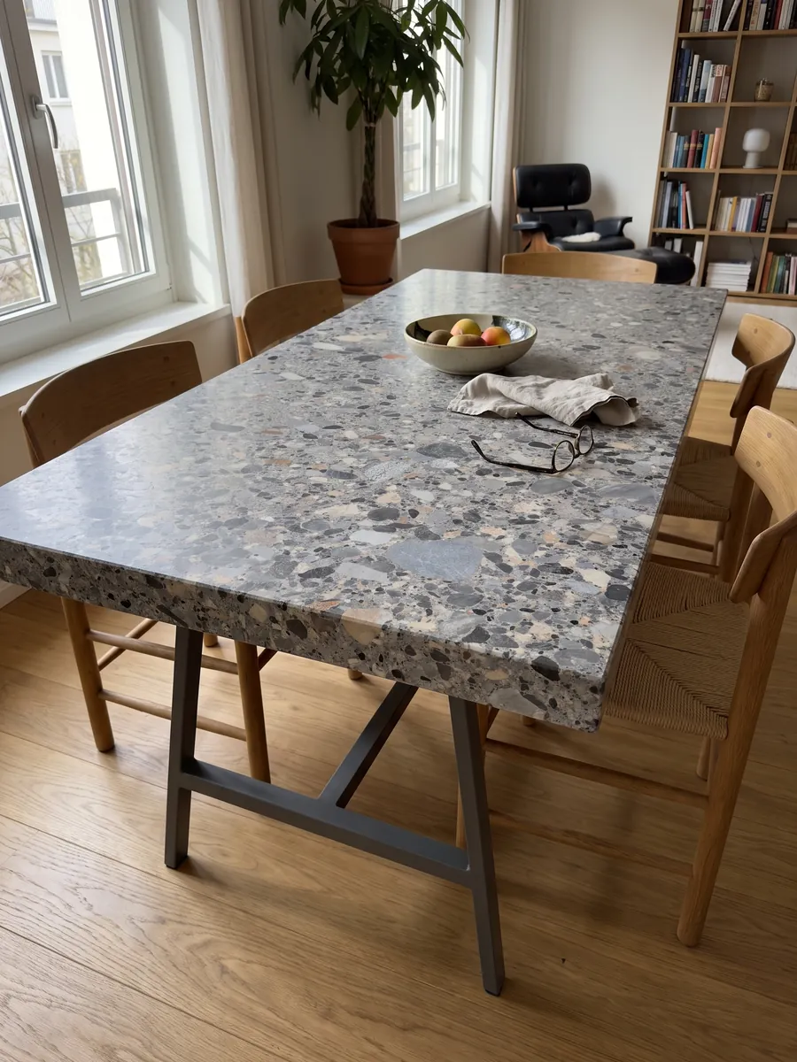 Mesa de comedor con cubierta de mármol gris Ceppo sobre base de acero: matriz gris con cantos rodados grises, beige y negros de varios tamaños