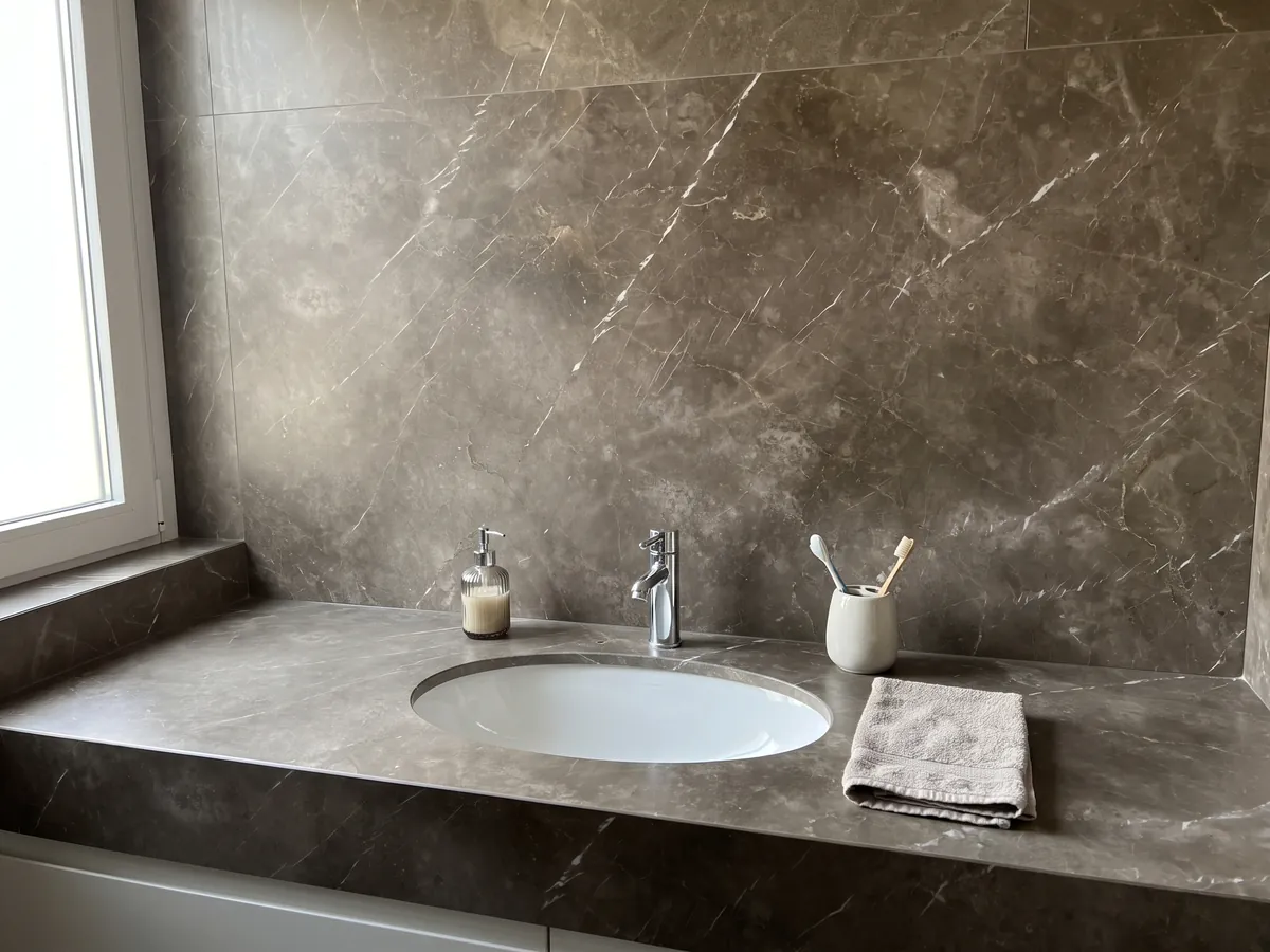 Cubierta de lavabo y pared de baño en Mármol Gris Collemandina con lavamanos blanco y grifería cromada: gris pardo nublado con pocas vetas blancas muy finas