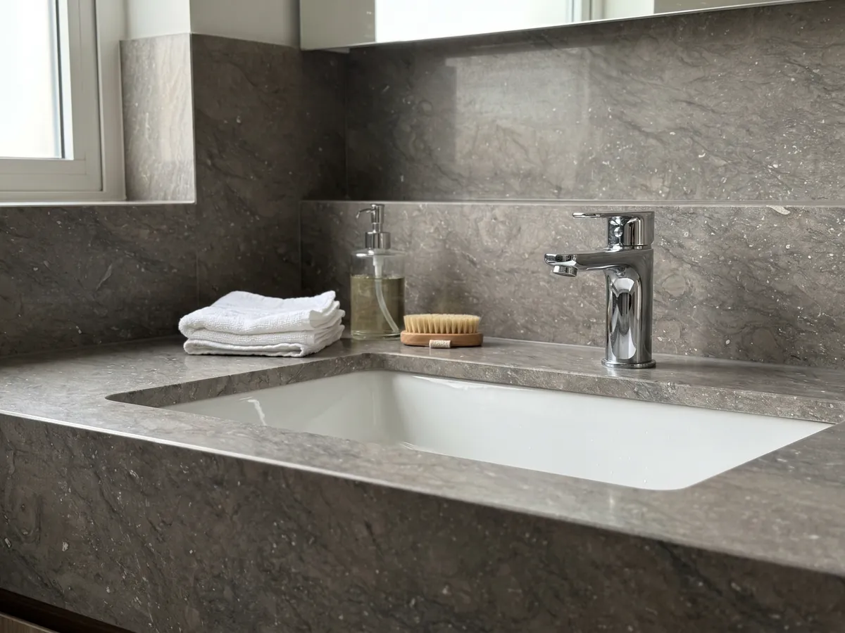 Cubierta de lavabo y pared de baño en mármol gris Ebano con lavamanos blanco y grifería cromada: gris pardo uniforme con pequeños puntos claros brillantes