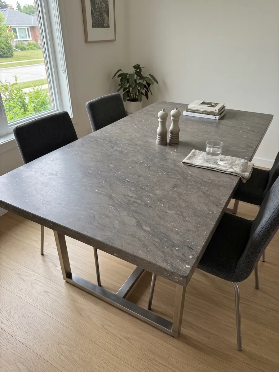 Mesa de comedor con cubierta de mármol gris Ebano sobre base de acero: gris pardo uniforme con pequeños puntos claros brillantes