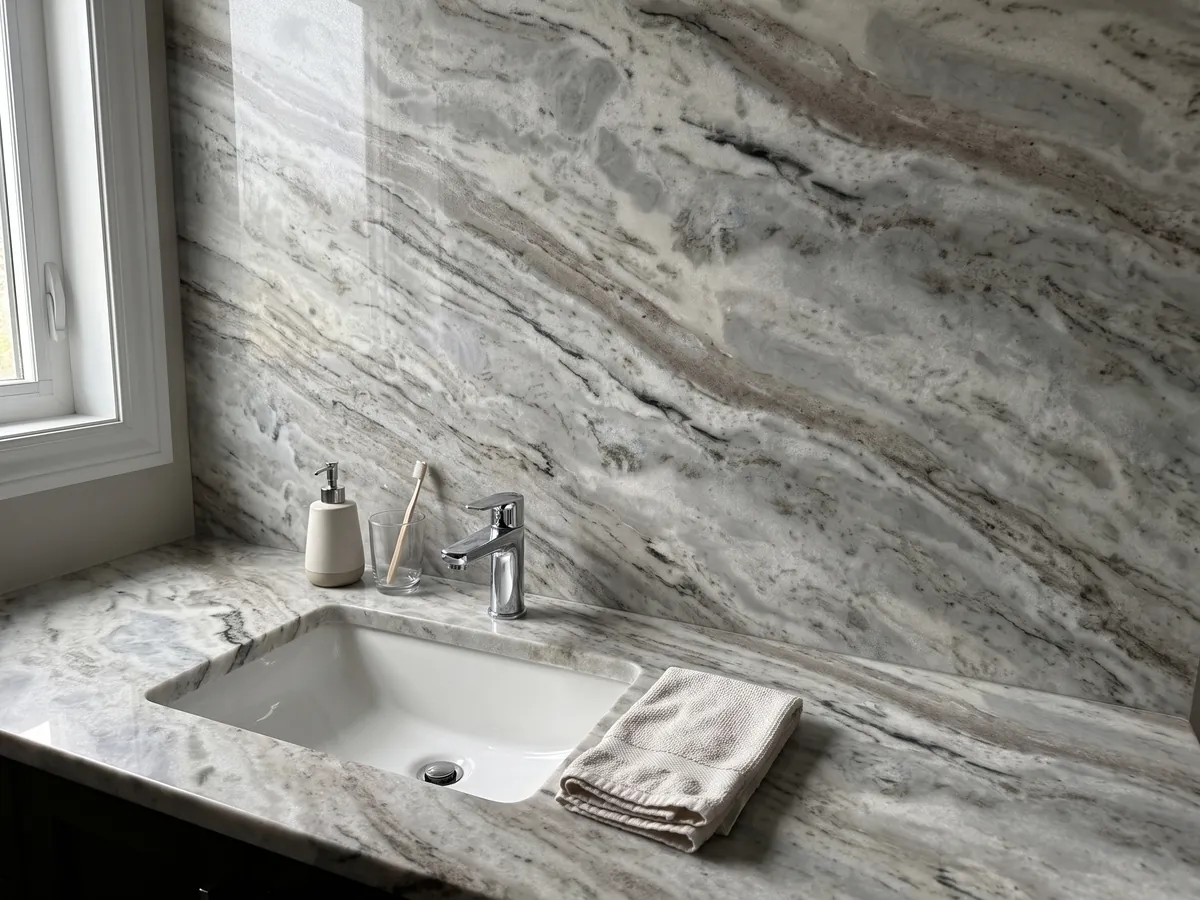Cubierta de lavabo y pared de baño en mármol gris Fantasy Brown con lavamanos blanco y grifería cromada: nubes alargadas de blanco y gris con algunos trazos oscuros en diagonal