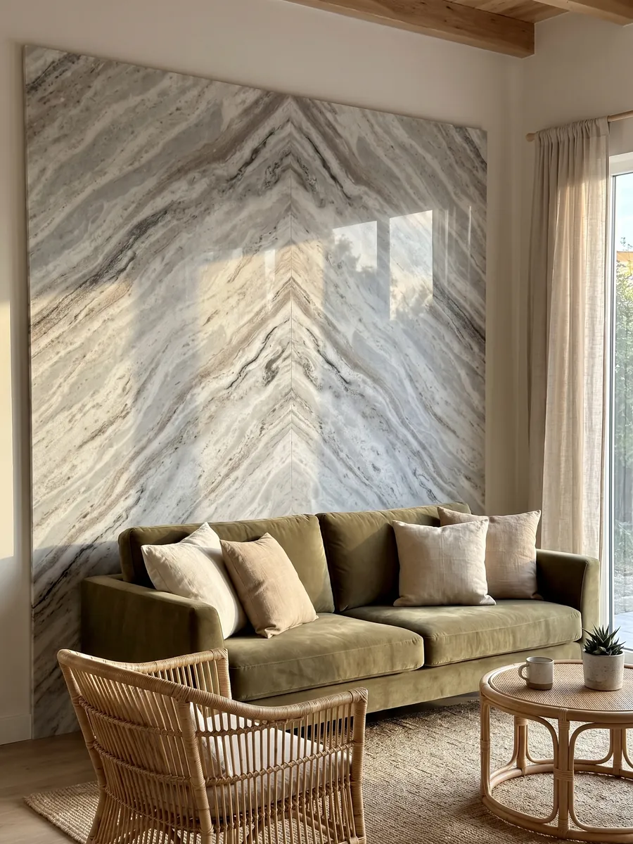 Pared de sala revestida con placas de mármol gris Fantasy Brown abiertas en libro detrás de un sofá: nubes alargadas de blanco y gris con algunos trazos oscuros en diagonal