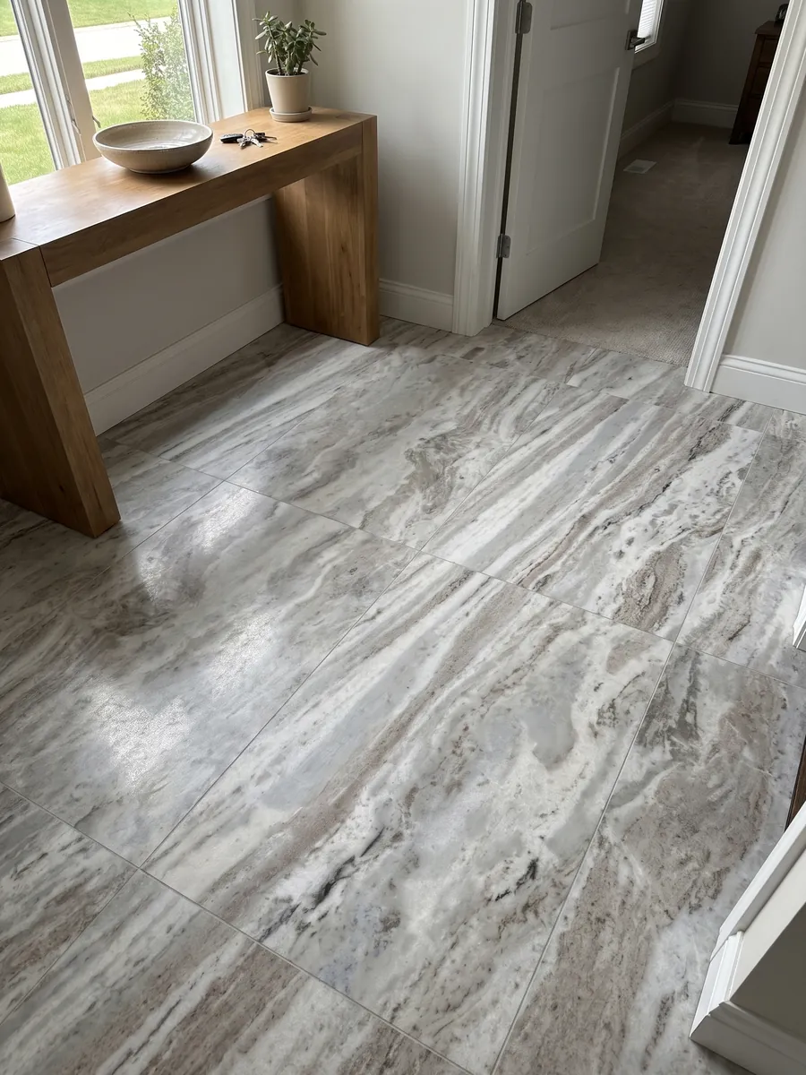 Piso de recibidor en placas grandes de mármol gris Fantasy Brown con luz natural: nubes alargadas de blanco y gris con algunos trazos oscuros en diagonal