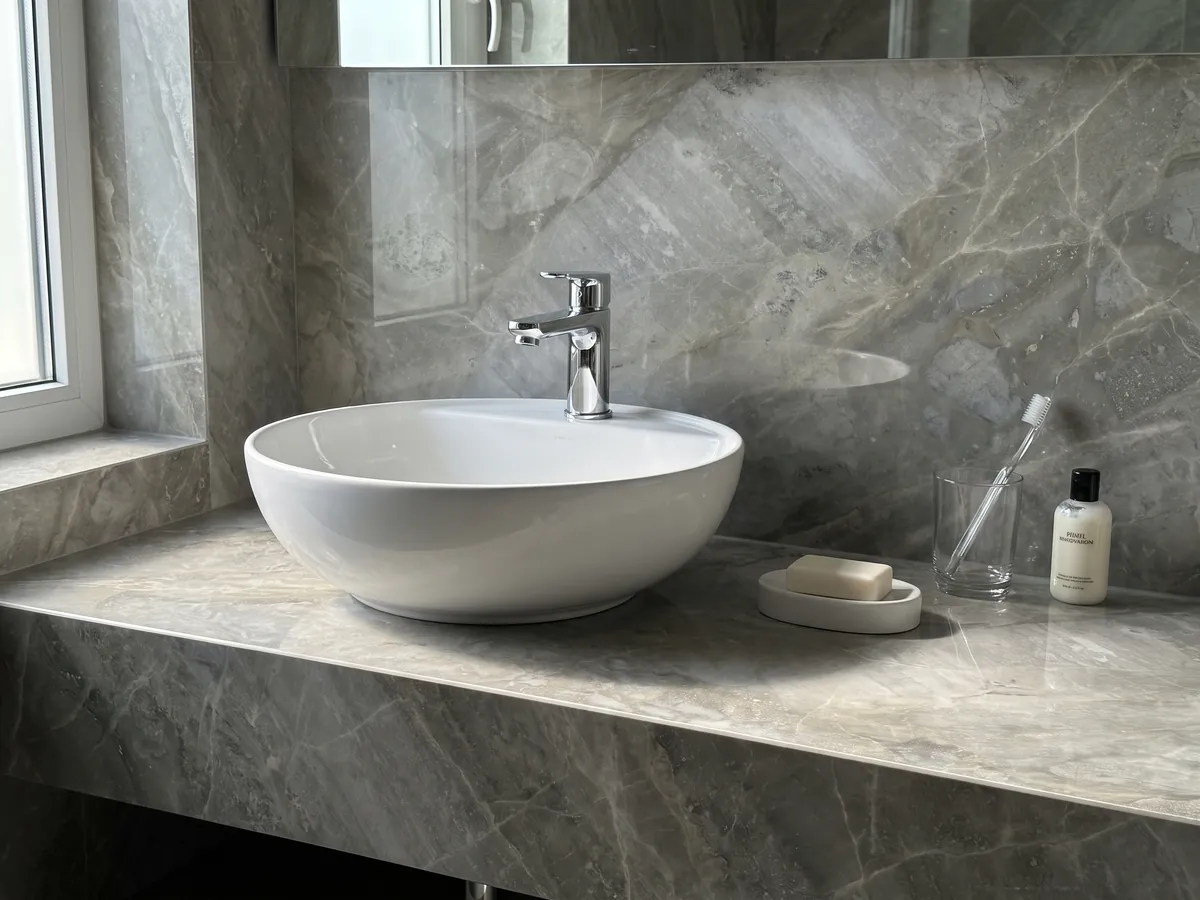 Cubierta de lavabo y pared de baño en mármol gris Fior di Bosco con lavamanos blanco y grifería cromada: gris verdoso apagado con nubes tonales y vetas finas casi invisibles