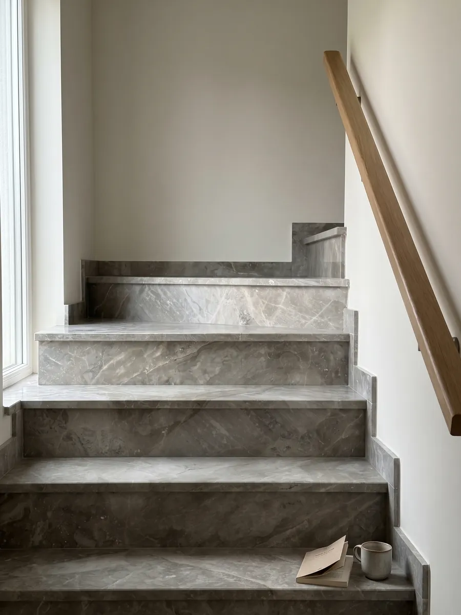 Escalera interior con peldaños de mármol gris Fior di Bosco con pasamanos: gris verdoso apagado con nubes tonales y vetas finas casi invisibles