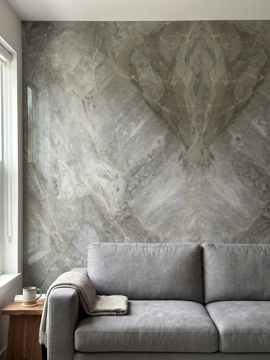 Pared de sala revestida con placas de mármol gris Fior di Bosco abiertas en libro detrás de un sofá: gris verdoso apagado con nubes tonales y vetas finas casi invisibles