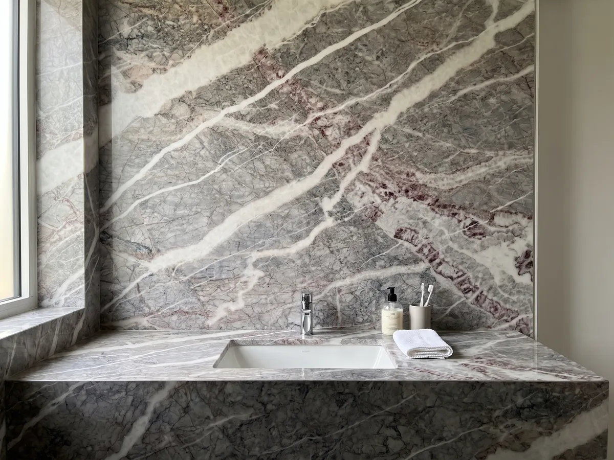 Cubierta de lavabo y pared de baño en mármol gris Fior di Pesco Carnico: vetas blancas diagonales acompañadas de vetas color vino sobre gris con red de líneas finas