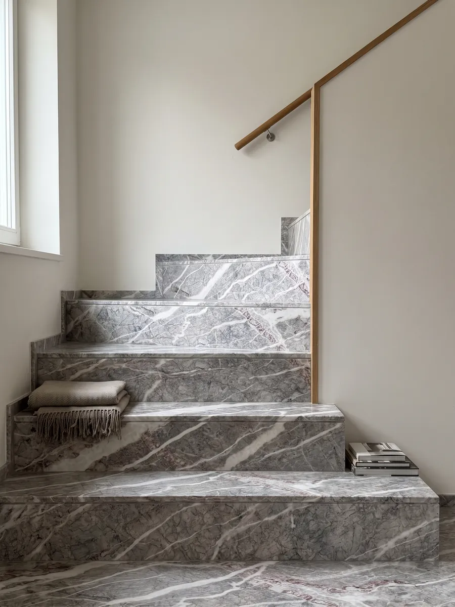 Escalera interior con peldaños de mármol gris Fior di Pesco Carnico con pasamanos: vetas blancas diagonales acompañadas de vetas color vino sobre gris con red de líneas finas