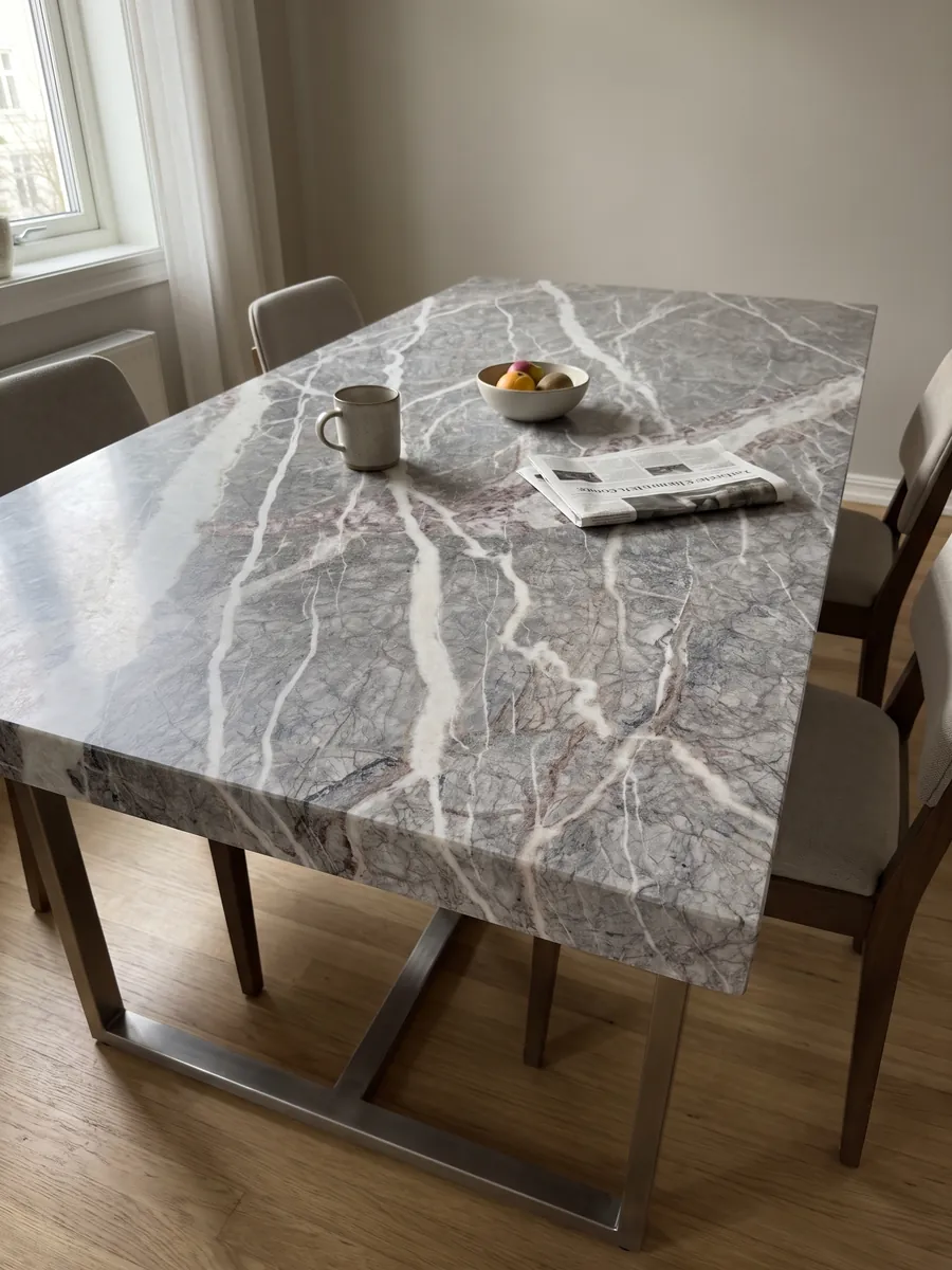 Mesa de comedor con cubierta de mármol gris Fior di Pesco Carnico sobre base de acero: vetas blancas diagonales acompañadas de vetas color vino sobre gris con red de líneas finas