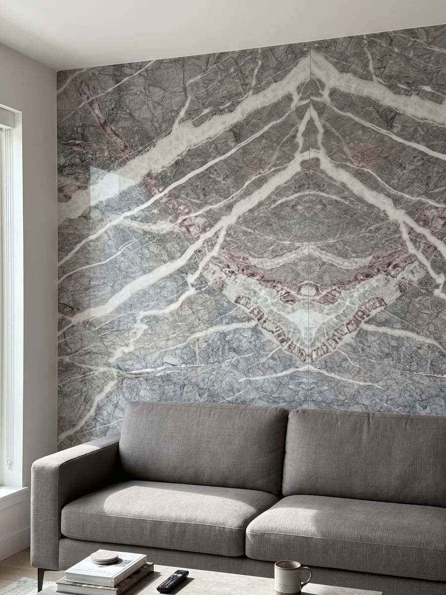 Pared de sala revestida con placas de mármol gris Fior di Pesco Carnico abiertas en libro detrás de un sofá: vetas blancas diagonales acompañadas de vetas color vino sobre gris con red de líneas finas