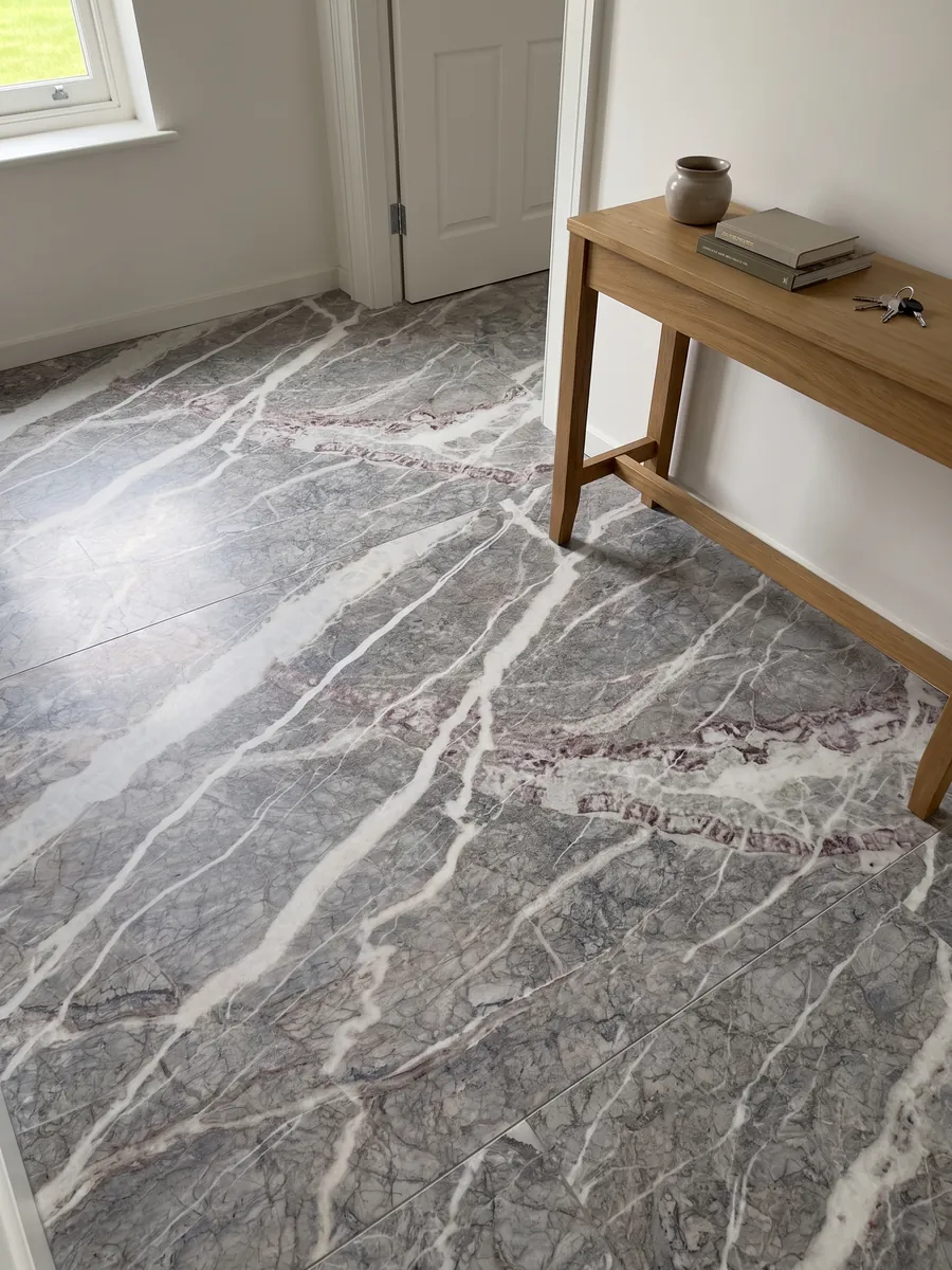 Piso de recibidor en placas grandes de mármol gris Fior di Pesco Carnico con luz natural: vetas blancas diagonales acompañadas de vetas color vino sobre gris con red de líneas finas