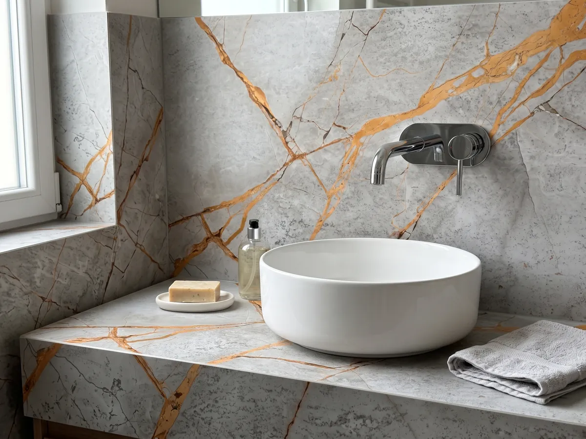 Cubierta de lavabo y pared de baño en mármol gris Golden Sky con lavamanos blanco y grifería cromada: vetas naranja dorado muy vivas cruzando un fondo gris claro nublado