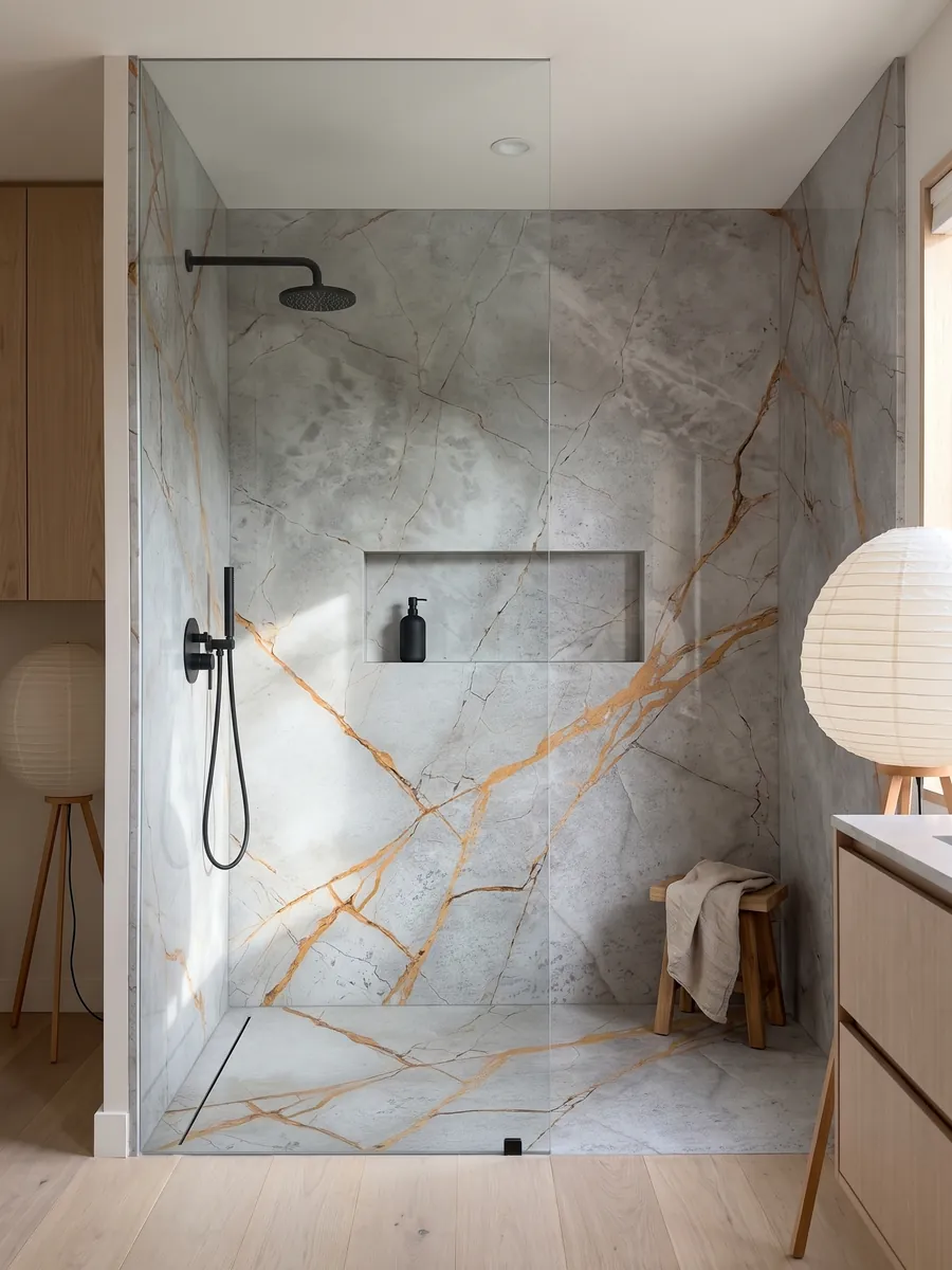 Ducha revestida con placas enteras de mármol gris Golden Sky con nicho empotrado: vetas naranja dorado muy vivas cruzando un fondo gris claro nublado