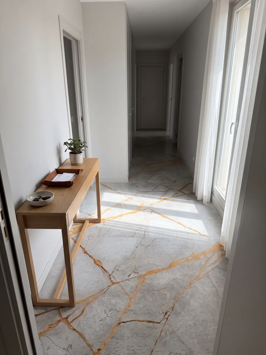 Piso de recibidor en placas grandes de mármol gris Golden Sky con luz natural: vetas naranja dorado muy vivas cruzando un fondo gris claro nublado