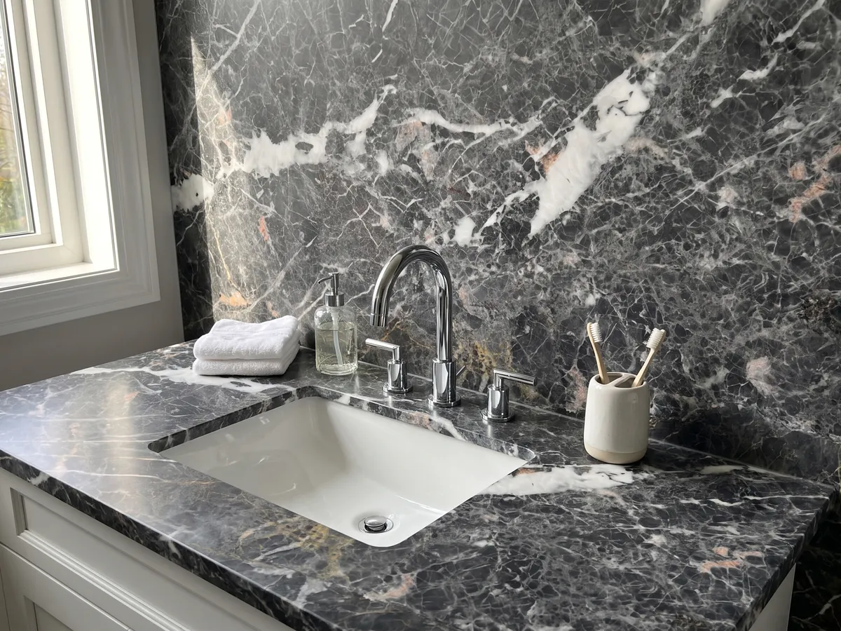 Cubierta de lavabo y pared de baño en mármol gris Grey Saint Laurent con lavamanos blanco y grifería cromada: gris oscuro con manchas blancas alargadas y una red fina de vetas claras y doradas