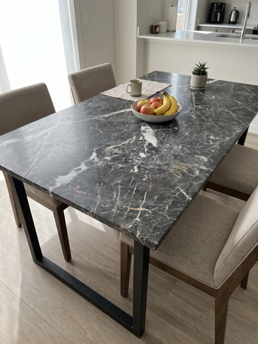 Mesa de comedor con cubierta de mármol gris Grey Saint Laurent sobre base de acero: gris oscuro con manchas blancas alargadas y una red fina de vetas claras y doradas