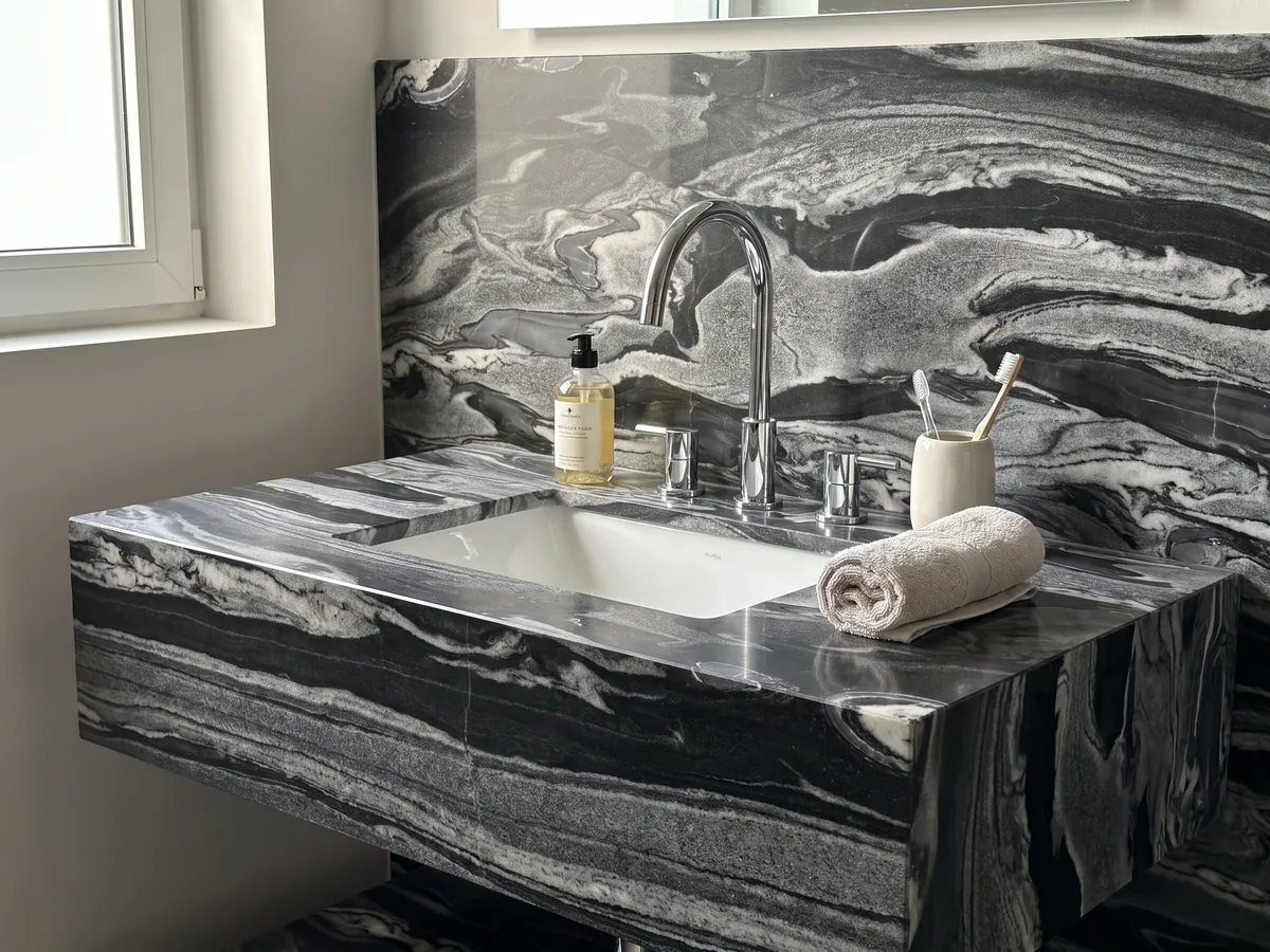 Cubierta de lavabo y pared de baño en Mármol Gris Imperial con lavamanos blanco y grifería cromada: ondas horizontales grises y blancas sobre negro, como corrientes en movimiento