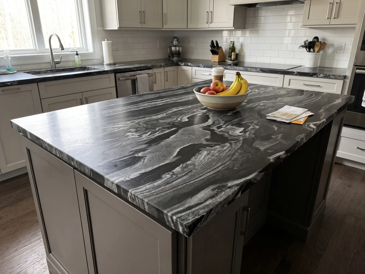 Isla de cocina con cubierta de Mármol Gris Imperial y canto recto en una cocina con luz natural: ondas horizontales grises y blancas sobre negro, como corrientes en movimiento