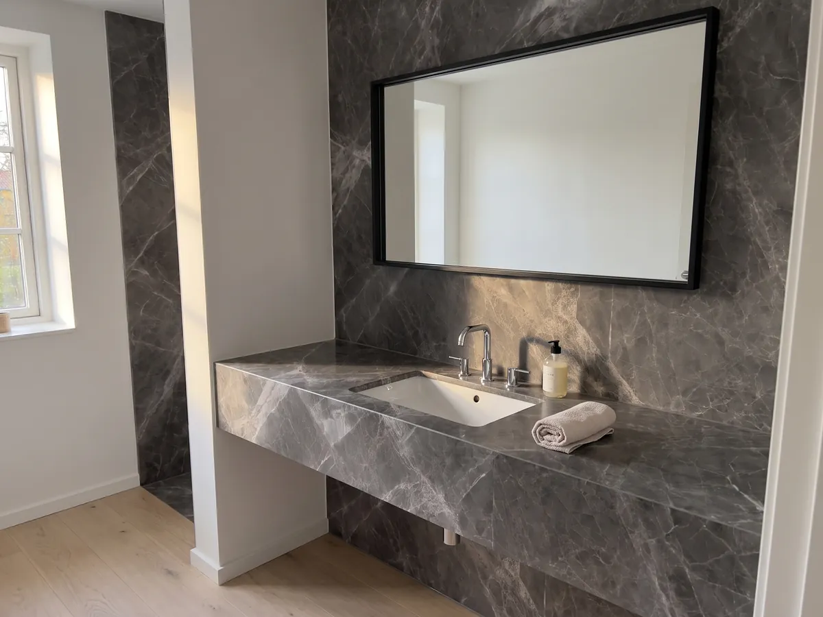 Cubierta de lavabo y pared de baño en mármol gris Jolie Grey con lavamanos blanco y grifería cromada: gris oscuro con vetas claras que se cruzan en diagonal formando rombos