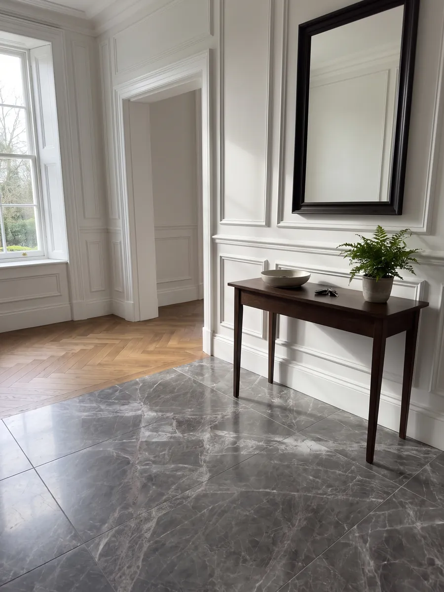 Piso de recibidor en placas grandes de mármol gris Jolie Grey con luz natural: gris oscuro con vetas claras que se cruzan en diagonal formando rombos
