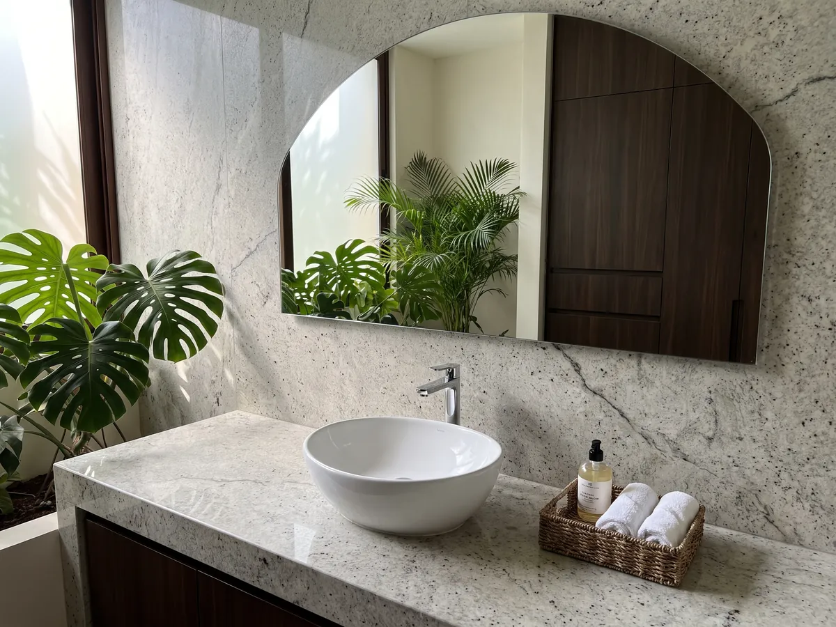 Cubierta de lavabo y pared de baño en mármol gris Lemon Ice con lavamanos blanco y grifería cromada: gris claro salpicado de motas oscuras, con aspecto parecido al granito