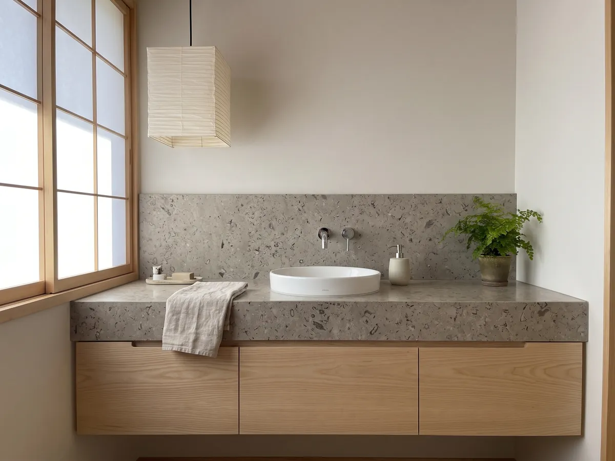 Cubierta de lavabo y pared de baño en mármol gris Lipica Fiorito con lavamanos blanco y grifería cromada: gris beige con pequeñas figuras fósiles oscuras repartidas por toda la placa