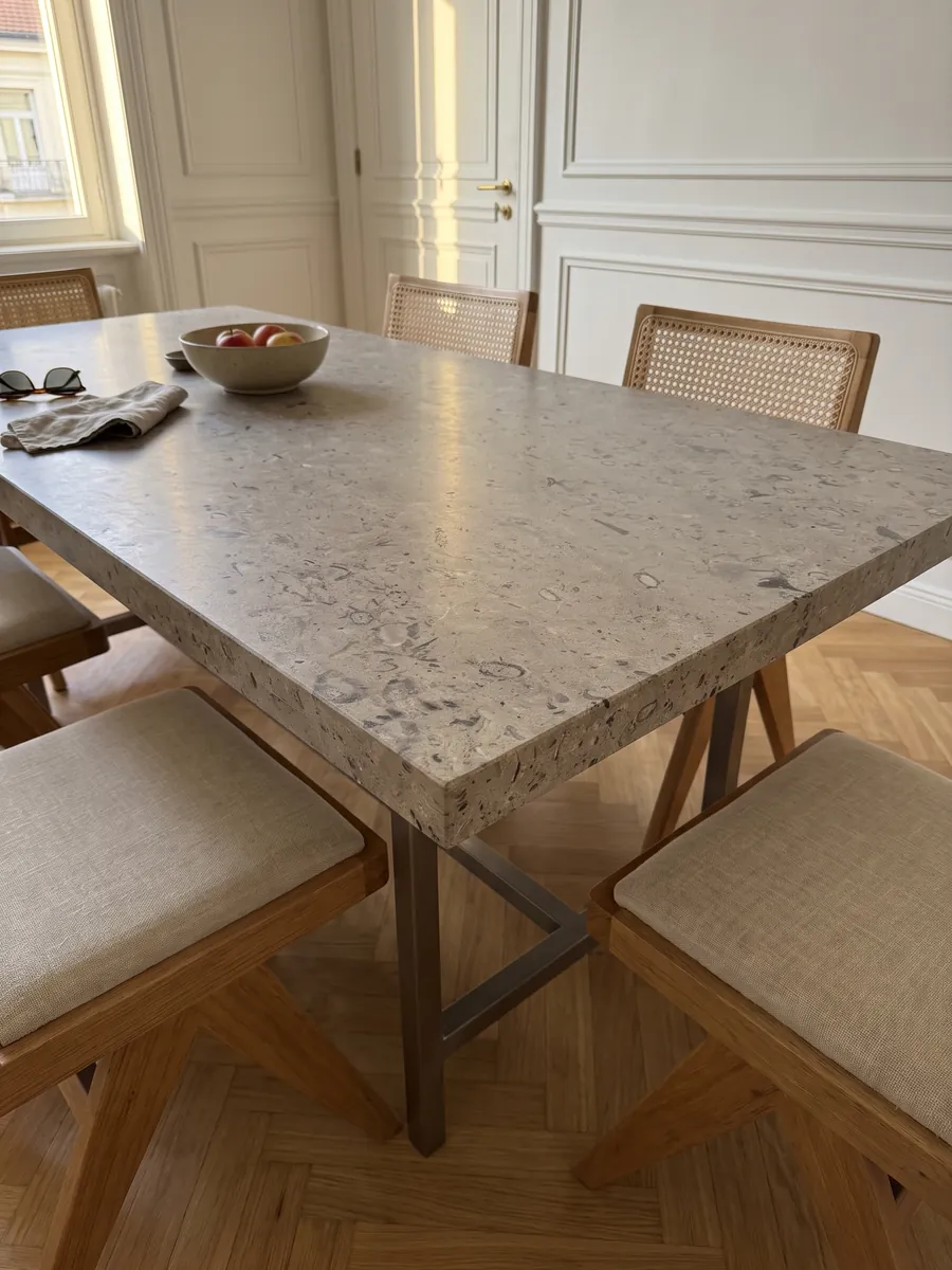 Mesa de comedor con cubierta de mármol gris Lipica Fiorito sobre base de acero: gris beige con pequeñas figuras fósiles oscuras repartidas por toda la placa