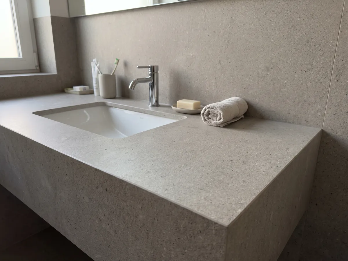 Cubierta de lavabo y pared de baño en mármol gris Lipica Unito con lavamanos blanco y grifería cromada: gris beige de grano fino y aspecto muy uniforme, sin dibujo