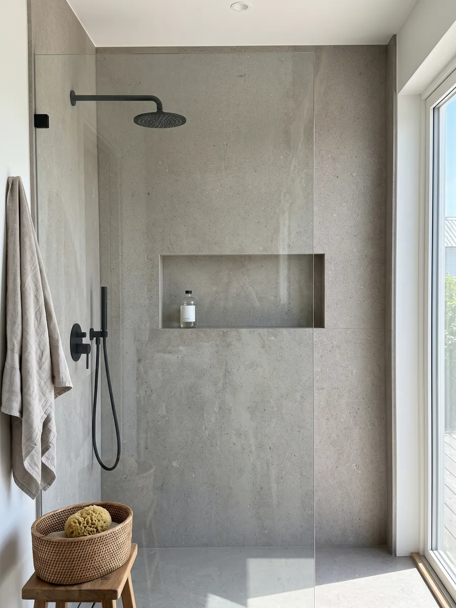 Ducha revestida con placas enteras de mármol gris Lipica Unito con nicho empotrado: gris beige de grano fino y aspecto muy uniforme, sin dibujo
