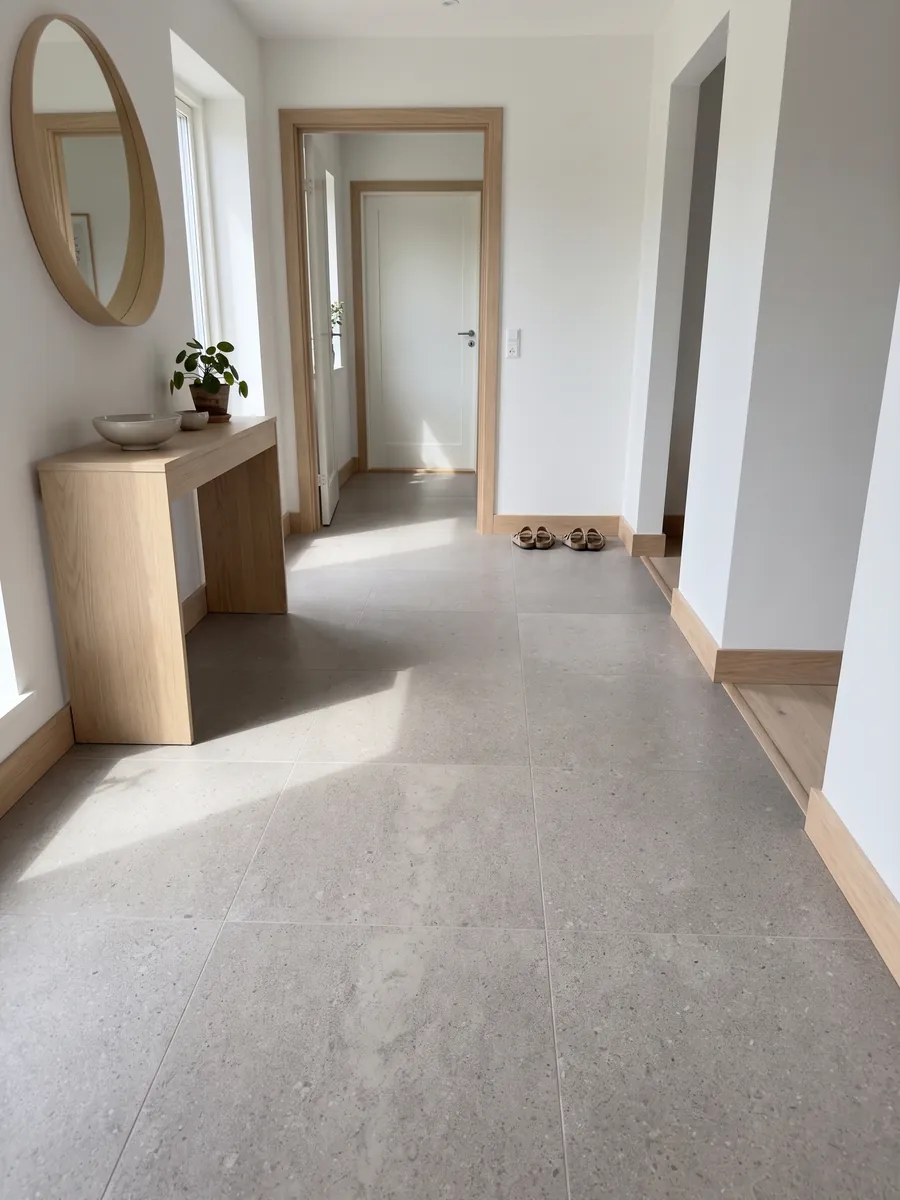 Piso de recibidor en placas grandes de mármol gris Lipica Unito con luz natural: gris beige de grano fino y aspecto muy uniforme, sin dibujo