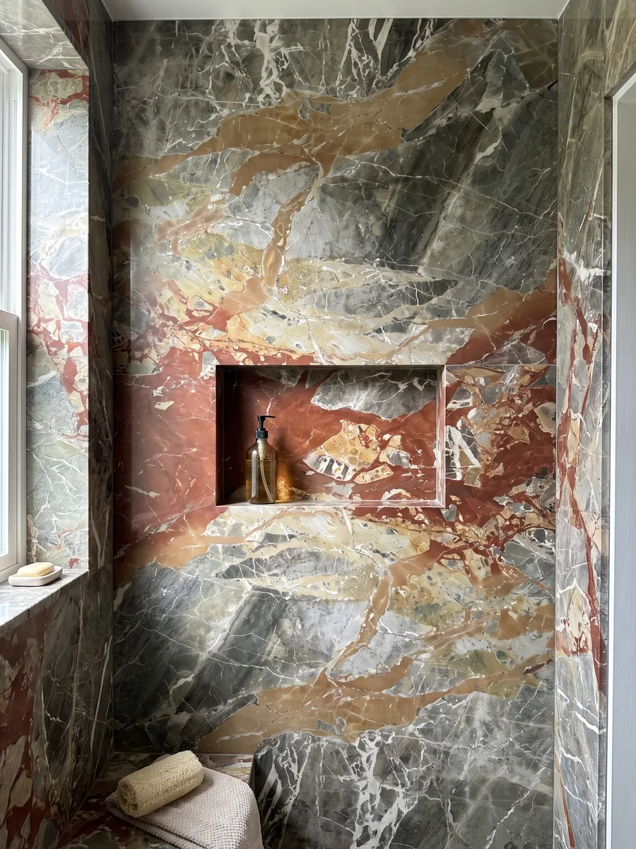 Ducha revestida con placas enteras de mármol gris Macchia Vecchia con nicho empotrado: fragmentos gris verdoso con grandes manchas rojo óxido y vetas blancas