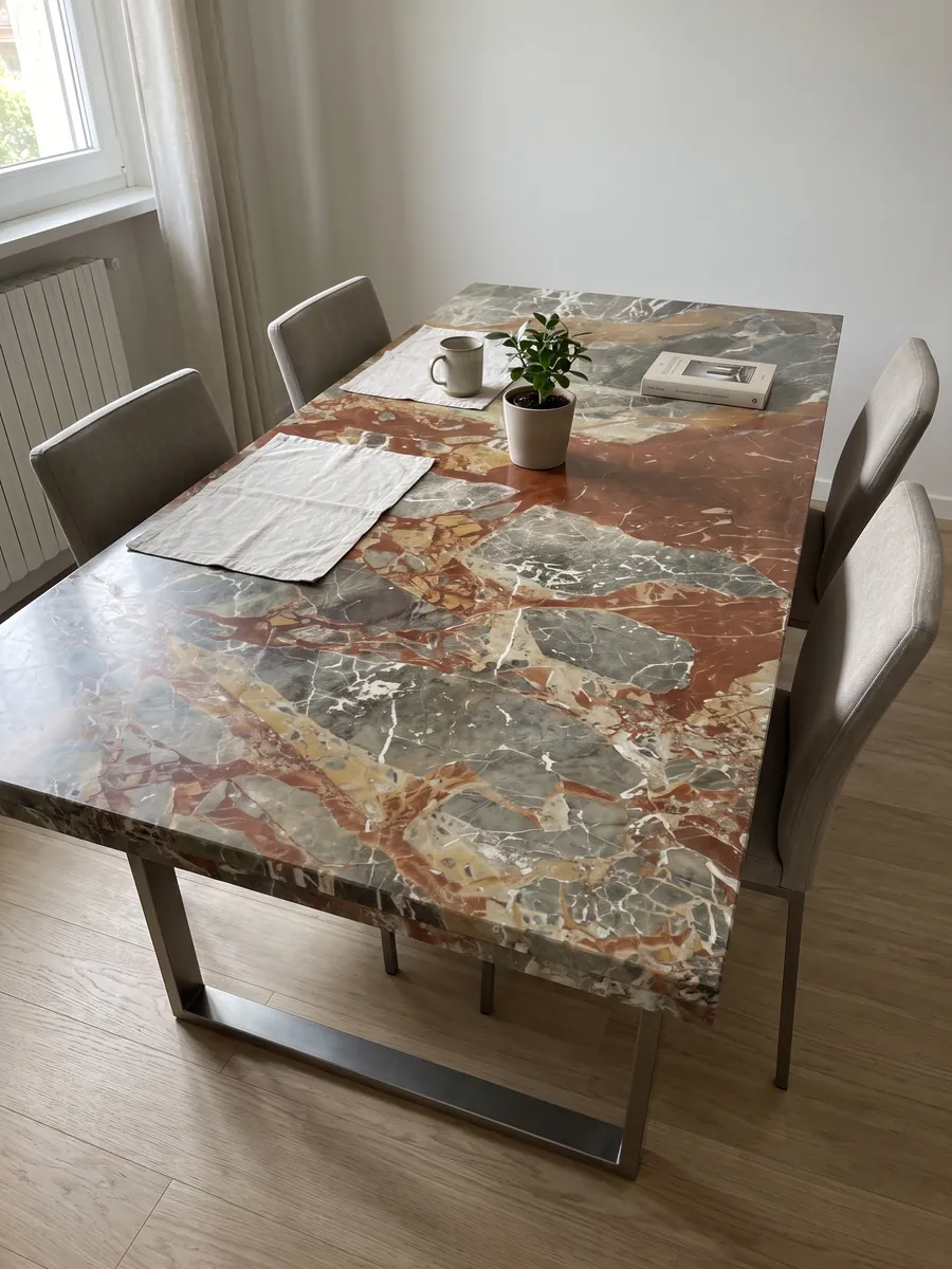Mesa de comedor con cubierta de mármol gris Macchia Vecchia sobre base de acero: fragmentos gris verdoso con grandes manchas rojo óxido y vetas blancas