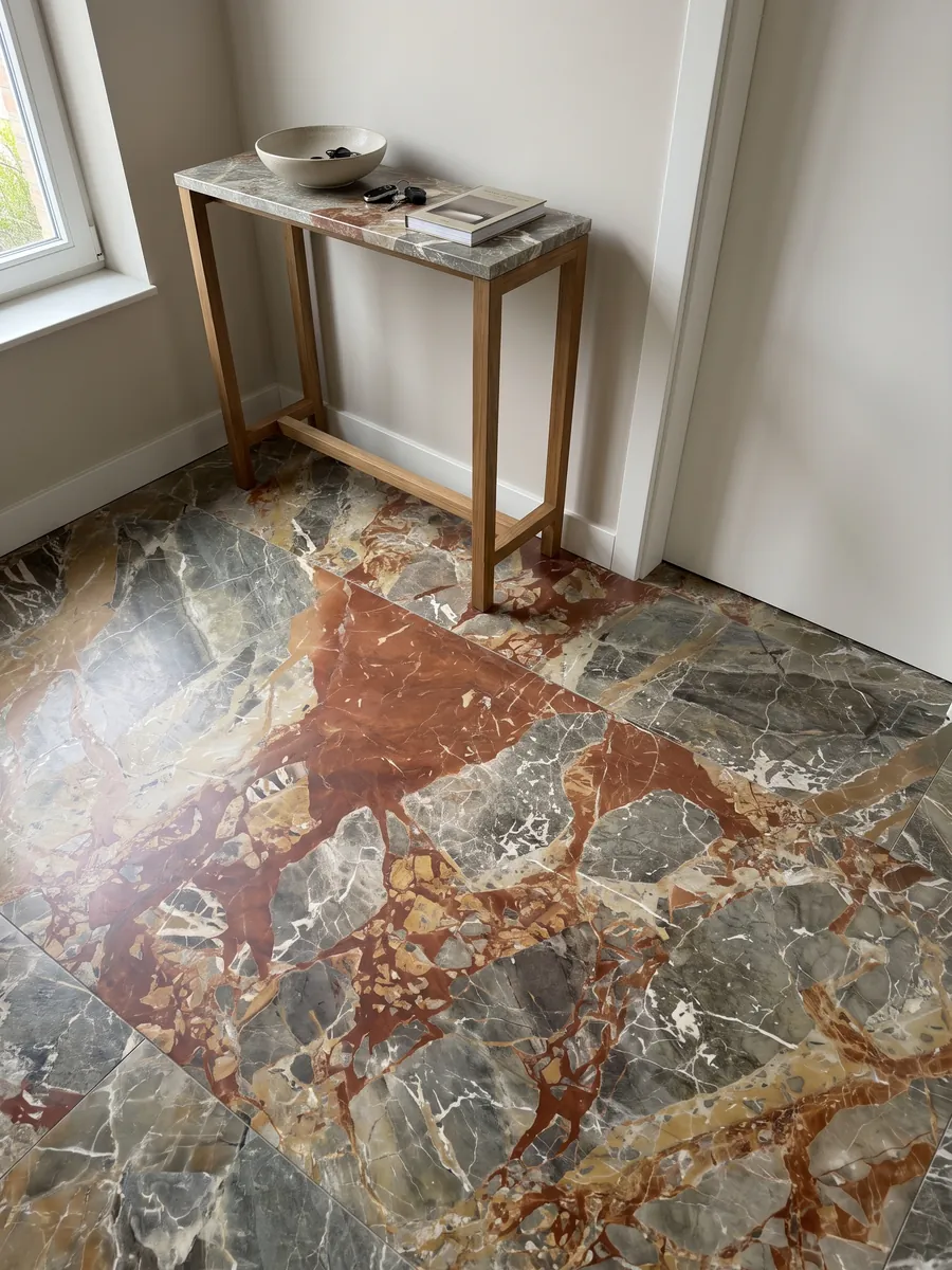Piso de recibidor en placas grandes de mármol gris Macchia Vecchia con luz natural: fragmentos gris verdoso con grandes manchas rojo óxido y vetas blancas