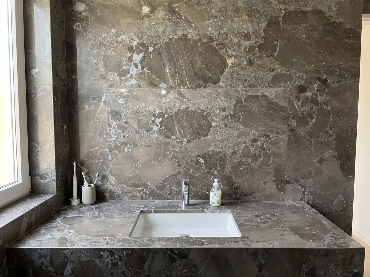 Cubierta de lavabo y pared de baño en mármol gris Moon Grey con lavamanos blanco y grifería cromada: fragmentos angulosos grandes en marrón grisáceo unidos por una matriz gris azulada