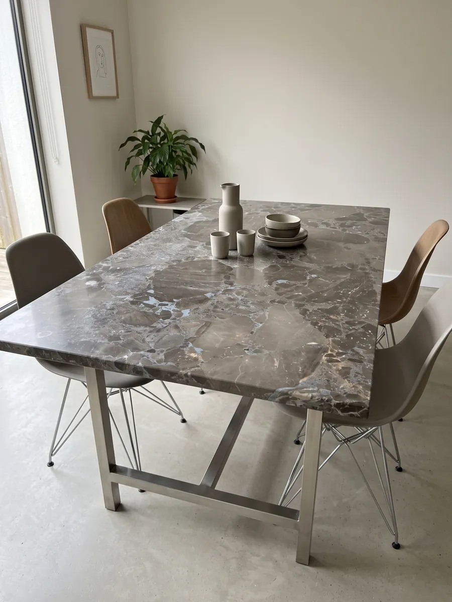 Mesa de comedor con cubierta de mármol gris Moon Grey sobre base de acero: fragmentos angulosos grandes en marrón grisáceo unidos por una matriz gris azulada