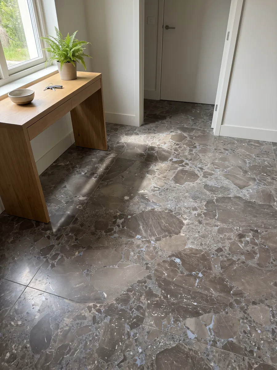 Piso de recibidor en placas grandes de mármol gris Moon Grey con luz natural: fragmentos angulosos grandes en marrón grisáceo unidos por una matriz gris azulada