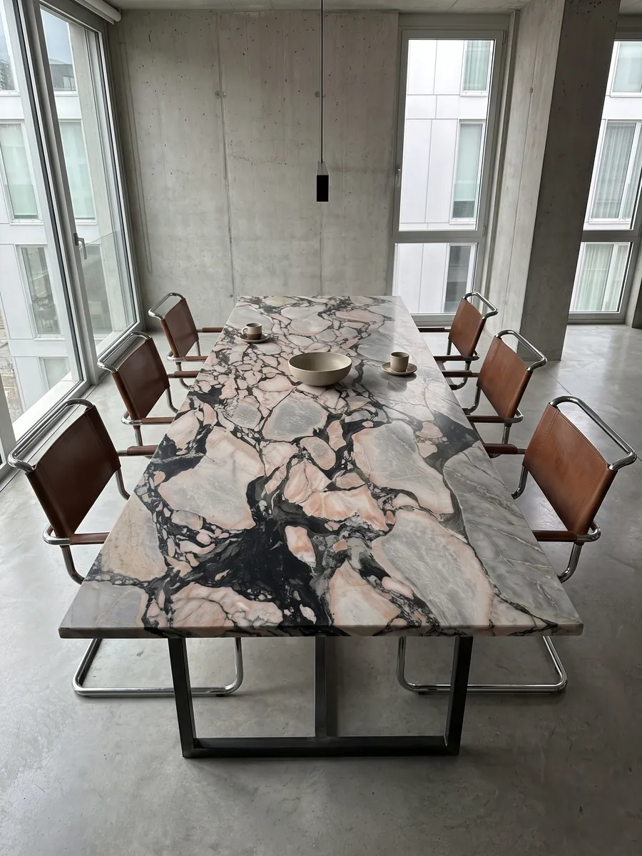Mesa de comedor con cubierta de mármol gris Notre Dame sobre base de acero: fragmentos grises y rosa salmón encerrados por vetas negras gruesas