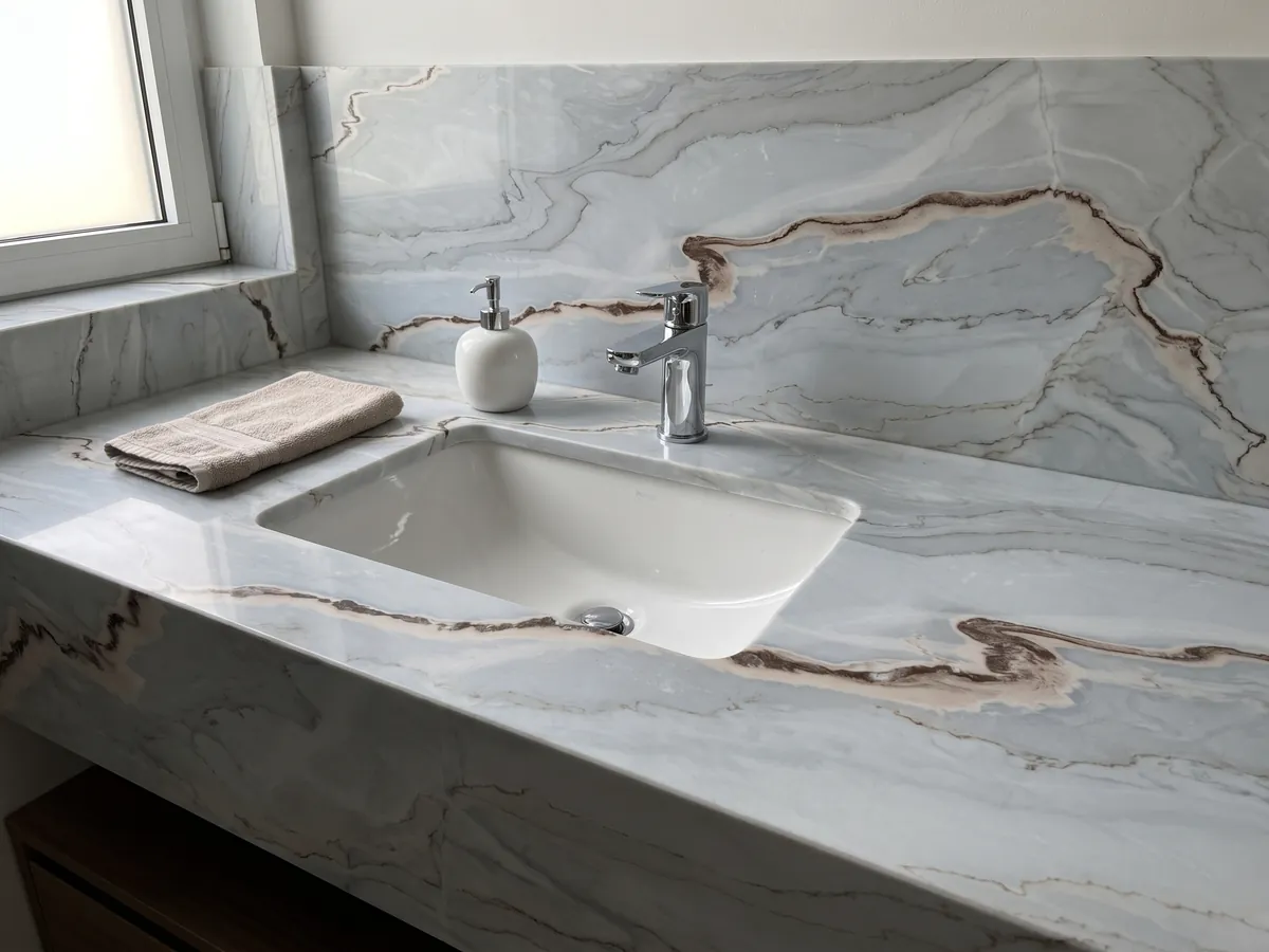 Cubierta de lavabo y pared de baño en mármol gris Palissandro Blu con lavamanos blanco y grifería cromada: gris azulado suave con líneas onduladas y una banda sinuosa color óxido