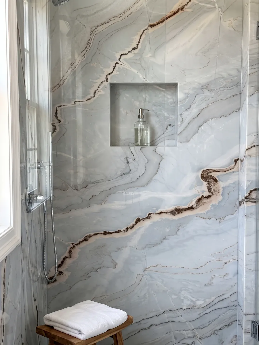 Ducha revestida con placas enteras de mármol gris Palissandro Blu con nicho empotrado: gris azulado suave con líneas onduladas y una banda sinuosa color óxido
