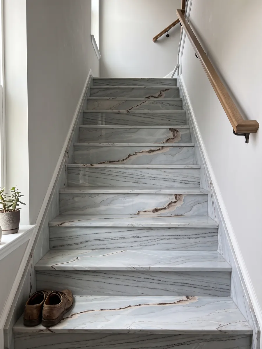 Escalera interior con peldaños de mármol gris Palissandro Blu con pasamanos: gris azulado suave con líneas onduladas y una banda sinuosa color óxido