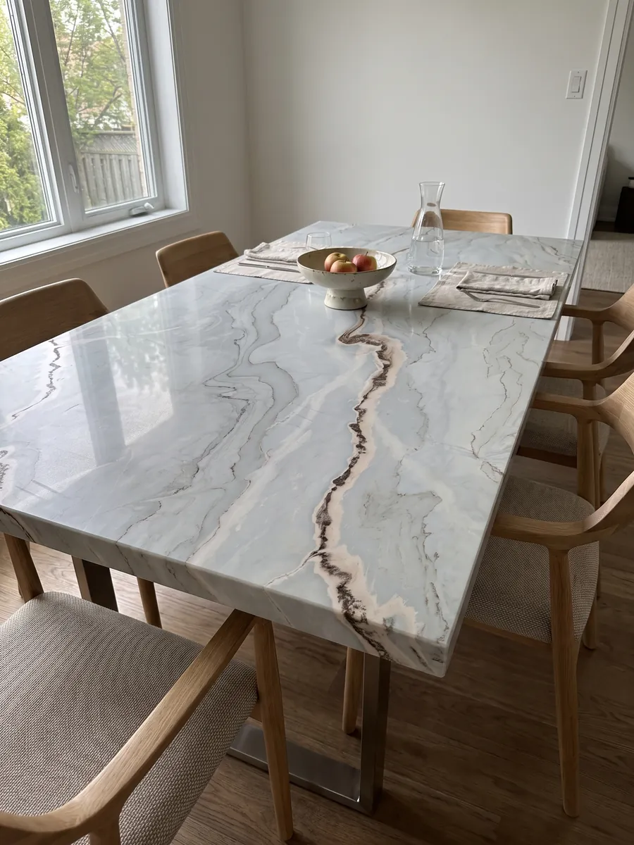 Mesa de comedor con cubierta de mármol gris Palissandro Blu sobre base de acero: gris azulado suave con líneas onduladas y una banda sinuosa color óxido