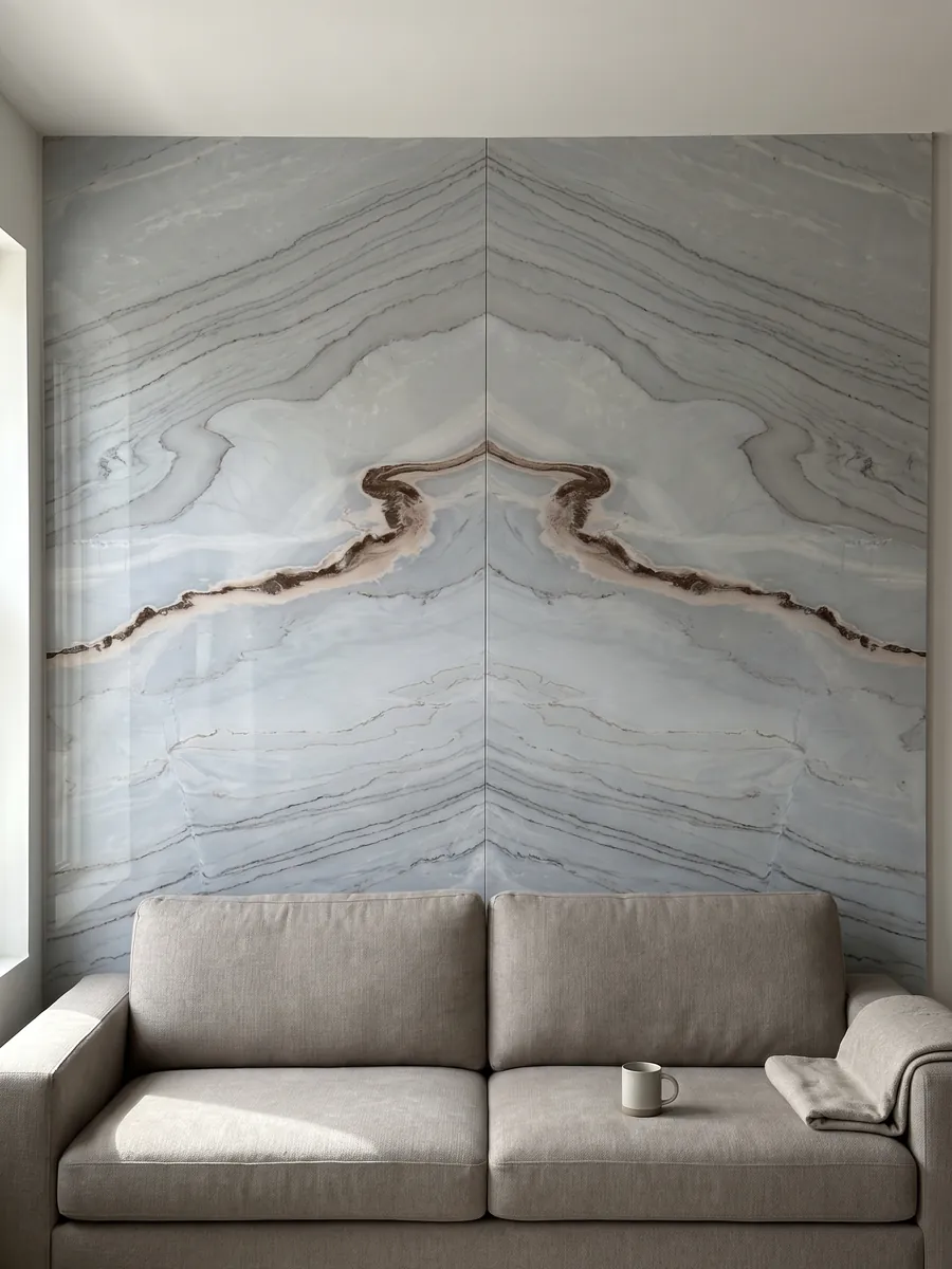 Pared de sala revestida con placas de mármol gris Palissandro Blu abiertas en libro detrás de un sofá: gris azulado suave con líneas onduladas y una banda sinuosa color óxido