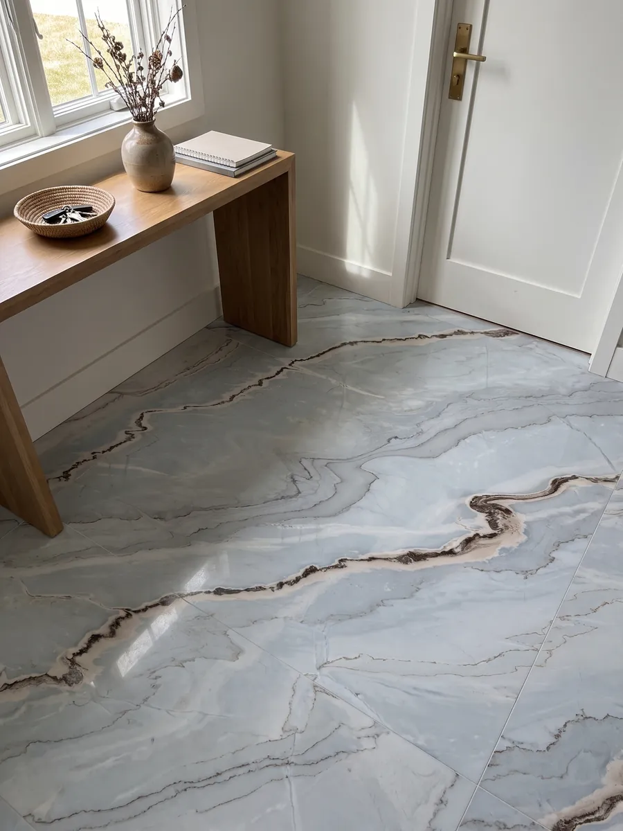 Piso de recibidor en placas grandes de mármol gris Palissandro Blu con luz natural: gris azulado suave con líneas onduladas y una banda sinuosa color óxido