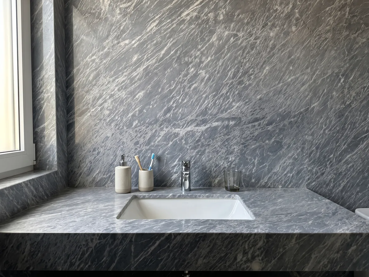 Cubierta de lavabo y pared de baño en Mármol Gris Perla con lavamanos blanco y grifería cromada: gris azulado cubierto de trazos blancos finos y paralelos en diagonal